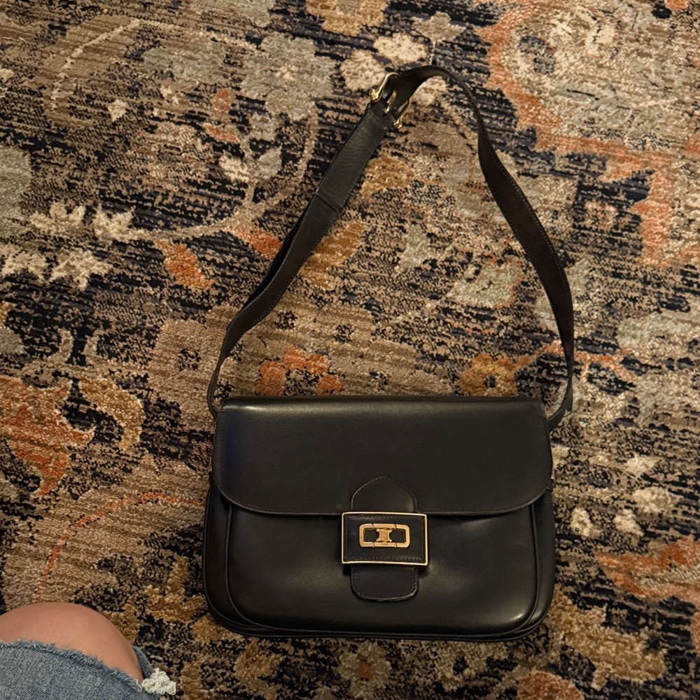 Celine Black Shoulder Bag with Gold Buckle